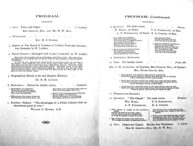 two page program listing musical performances, speeches, and presenters, with titles, composers, and participant names printed in black text on a white background.