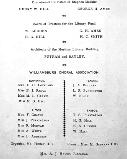 black and white document listing trustees, architects, and members of the williamsburgh choral association, including sopranos, tenors, bassos, and associated roles.