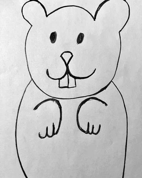 a simple black and white line drawing of a cartoon animal, likely a beaver or hamster, with two large front teeth and small rounded ears.