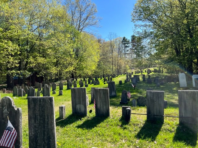 rows of old gravestones and american flags stand in a sunlit cemetery surrounded by trees and green grass under a clear blue sky.