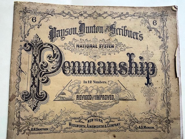 a vintage cover titled “payson, dunton & scribner's national system of penmanship,” featuring ornate lettering and decorative borders, published by woolworth, ainsworth & company.