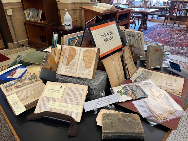 a display table in a library features various old books, papers, and documents labeled “perks to the collection,” with bookshelves and chairs in the background.