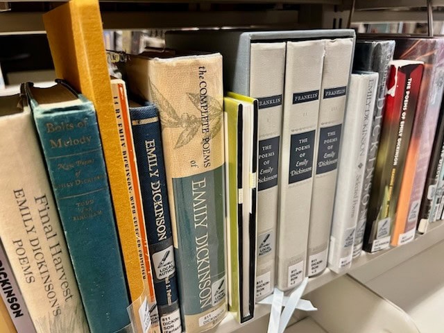 a row of library books on a shelf, mostly collections of emily dickinson’s poetry, with both hardcovers and paperbacks visible.