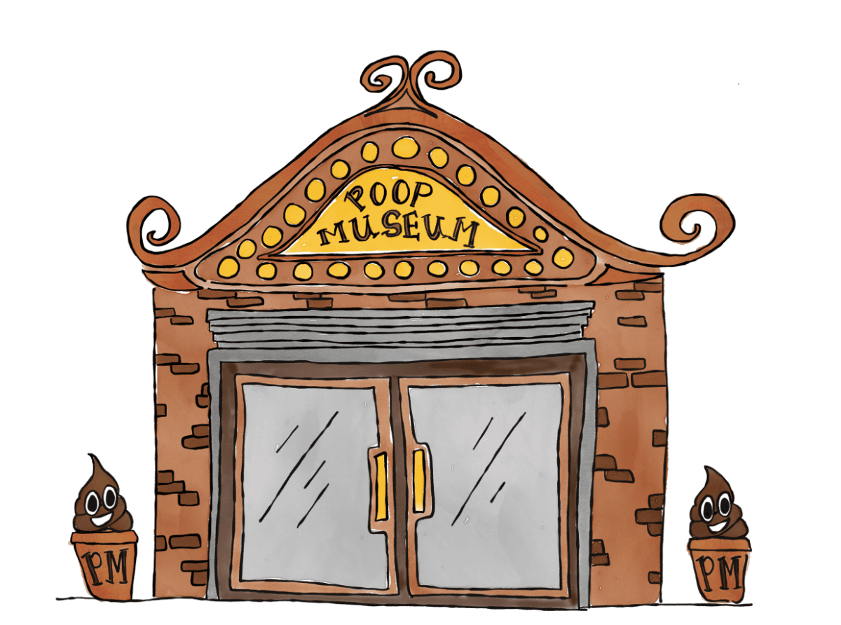 a brown, brick style building labeled "poop museum" with two glass doors and poop shaped statues on either side at the entrance.