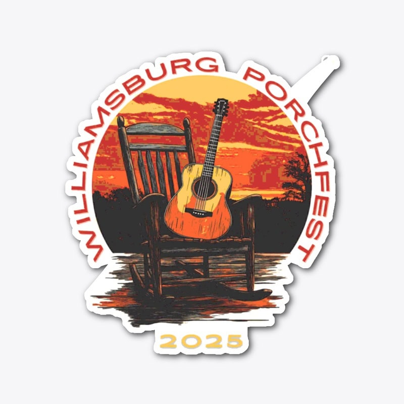 a sticker reading “williamsburg porchfest 2025” shows a guitar on a rocking chair with a sunset background.