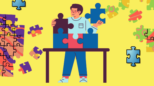 an illustrated person stands at a table assembling large, colorful puzzle pieces, with additional pieces floating around them on a yellow background. an illustrated person stands at a table assembling large, colorful puzzle pieces, with additional pieces floating around them on a yellow background.