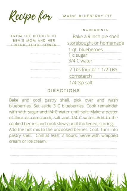 a recipe card for maine blueberry pie, listing ingredients and directions, with a grass border at the bottom and decorative text at the top.