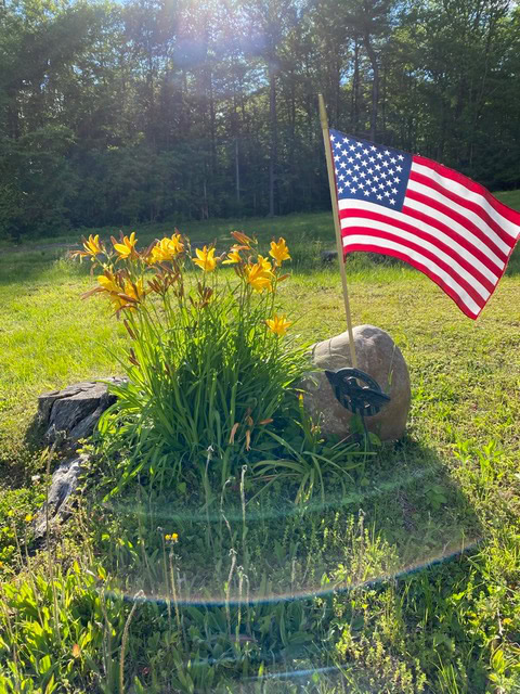 a small garden with yellow lilies, a large rock, and an american flag on a sunny day, set in a grassy area with trees in the background.