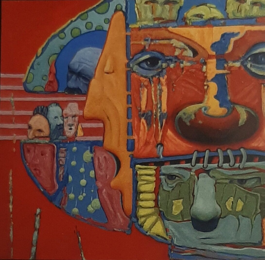 abstract painting featuring fragmented and overlapping human faces in blue, orange, and green tones on a red background. the composition includes bold lines and textured details.