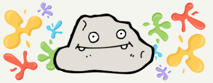 cartoon gray rock with a smiling face, surrounded by colorful paint splatters on a white background.