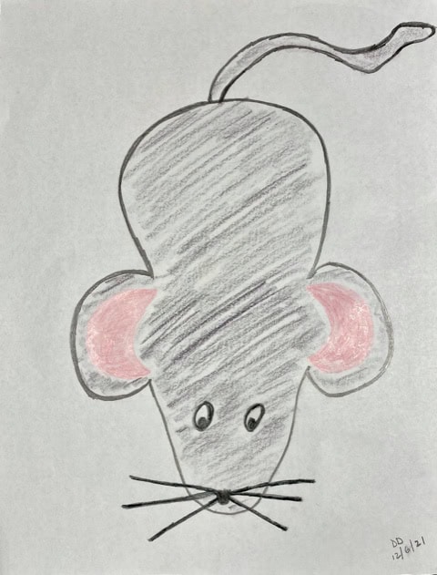 child like drawing of a gray mouse with large pink ears, a long tail, simple facial features, and visible whiskers on white paper.