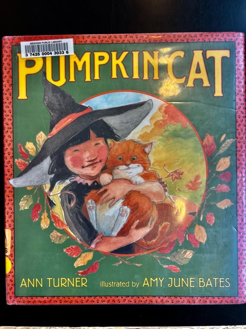 the cover of the book "pumpkin cat" shows an illustrated girl in a witch's hat holding an orange cat, surrounded by autumn leaves. the book is by ann turner and amy june bates.