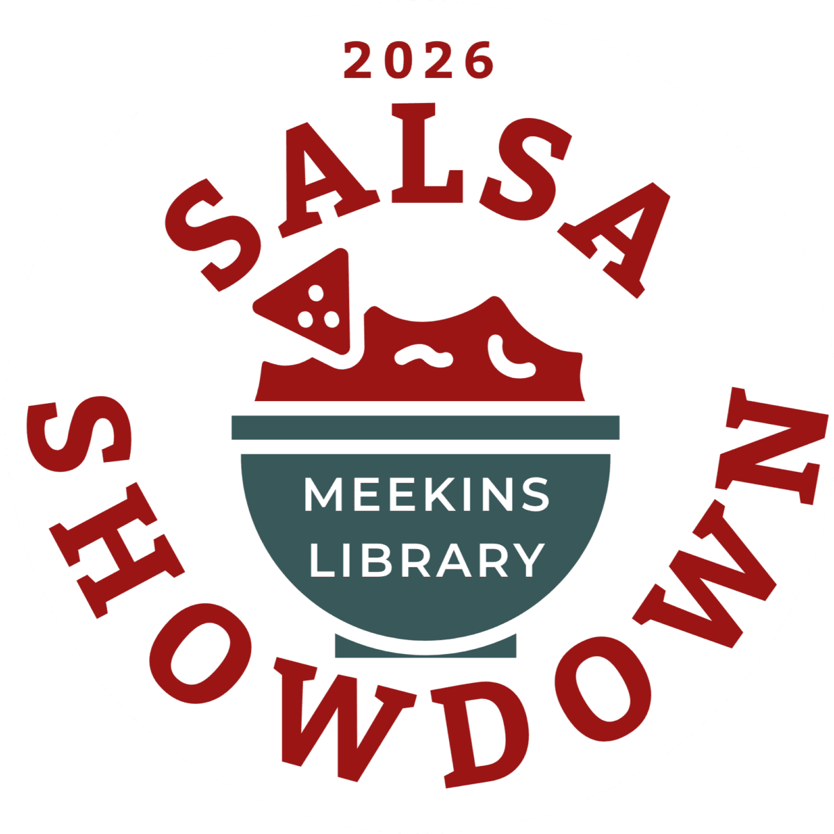 logo for the 2026 salsa showdown at meekins library, featuring a bowl of salsa with a tortilla chip, surrounded by event text.
