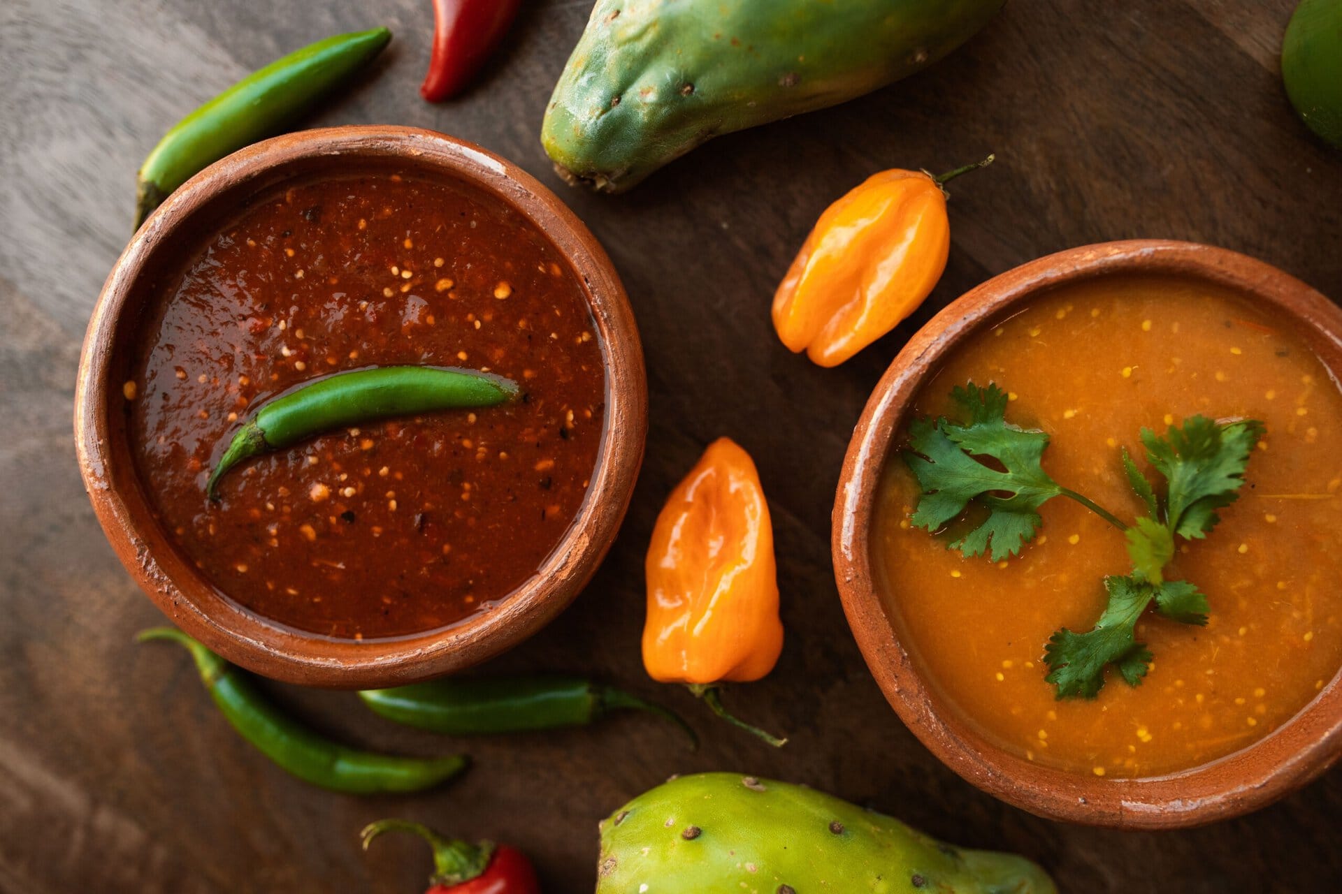 two clay bowls filled with red and orange salsas, garnished with peppers and cilantro, surrounded by fresh peppers and cactus pads on a wooden surface.