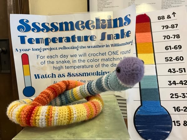 a crocheted striped snake sits in front of a temperature chart and project sign, illustrating a year long weather tracking activity in williamsburg.