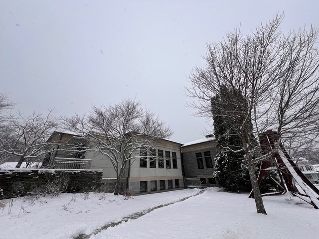a modern building with large windows is surrounded by leafless trees and snow covered ground on a cloudy winter day. a wooden structure is visible on the right side of the image.