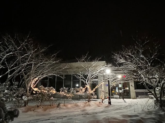a single story building at night, surrounded by snow covered trees and bushes with string lights, illuminated by an outdoor lamp.