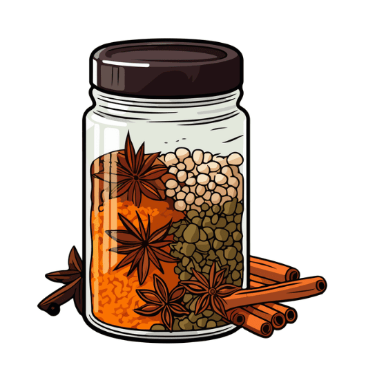a glass jar filled with layered spices, including star anise, peppercorns, and ground spices, with cinnamon sticks placed beside the jar. a glass jar filled with layered spices