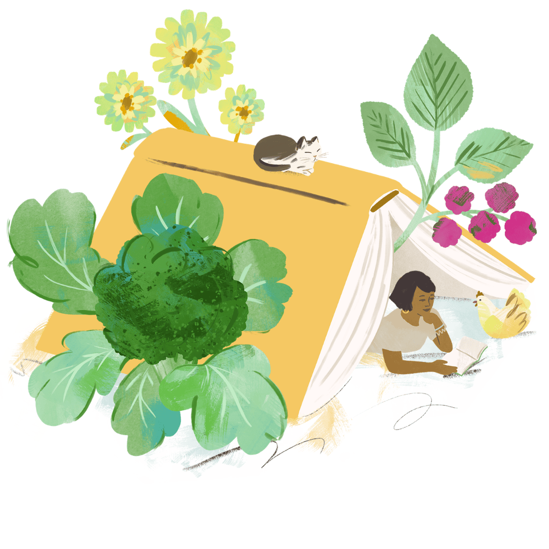 illustration of two large books surrounded by green plants and flowers, with a small cat on top, a person reading, and a yellow bird nearby.
