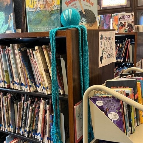 a ball of turquoise yarn with long strands hangs over the end of a library bookshelf, near children’s books and a “science rocks!” sign.