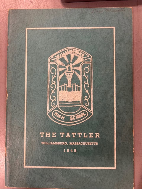 green yearbook cover titled "the tattler," williamsburg high school, williamsburg, massachusetts, 1948, with a gold embossed school crest.