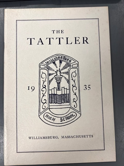 a 1935 williamsburg high school yearbook titled "the tattler," with a school emblem on the cover, from williamsburg, massachusetts.