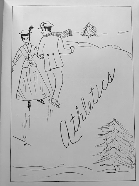 a black and white drawing of a man and woman ice skating together outdoors, with trees in the background and the word "athletics" written diagonally across the image.
