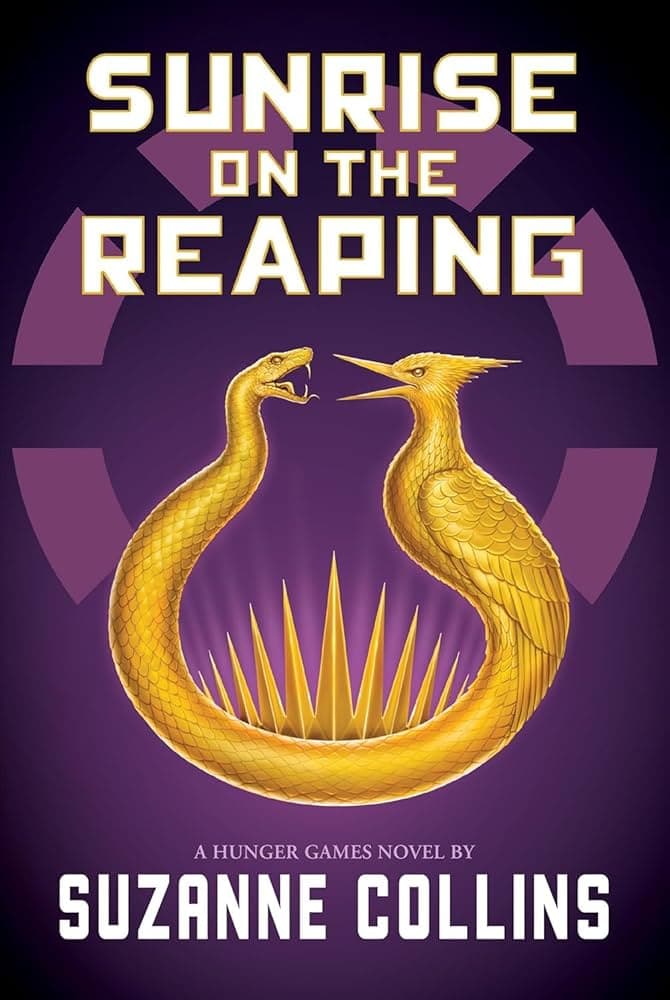 book cover for "sunrise on the reaping" by suzanne collins, featuring two golden snake like birds facing each other above spiked gold rays on a purple background.