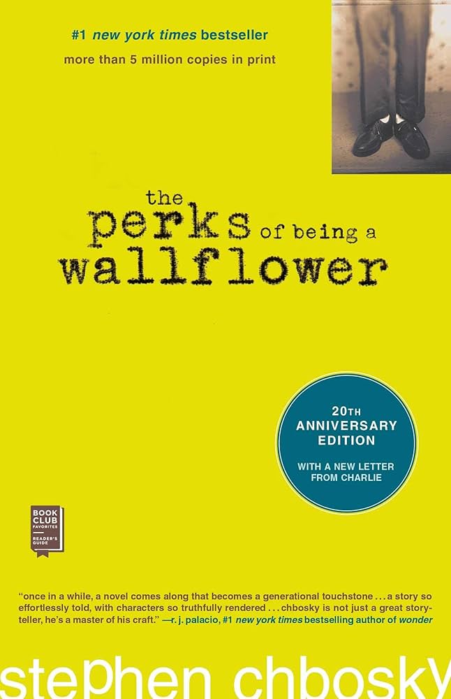 cover of "the perks of being a wallflower" 20th anniversary edition; yellow background, book title in black text, and a photo of feet in black shoes at the top right.