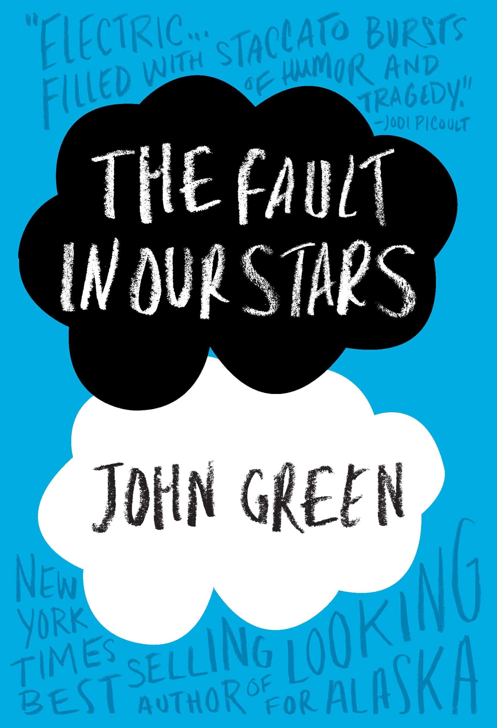 book cover for "the fault in our stars" by john green, featuring a black cloud with the title and a white cloud with the author's name on a blue background with handwritten quotes.