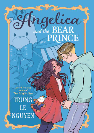 illustrated book cover showing a girl in a red dress and a boy in a hoodie holding hands, with a large bear plush and gold decorative border in the background. title: "angelica and the bear prince.