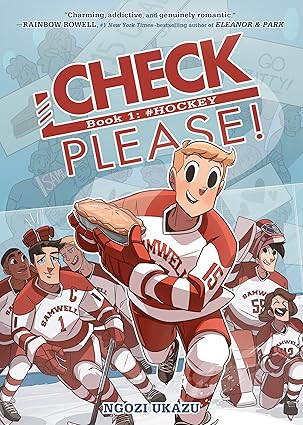 illustrated cover of "check, please! book 1: #hockey" by ngozi ukazu, showing a smiling hockey player in a red and white samwell jersey, surrounded by teammates on the ice.