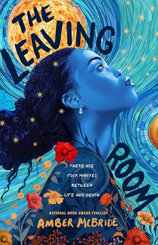 a stylized book cover for "the leaving room" by amber mcbride shows a side profile of a woman gazing upward, surrounded by swirling patterns and vibrant red and blue flowers.