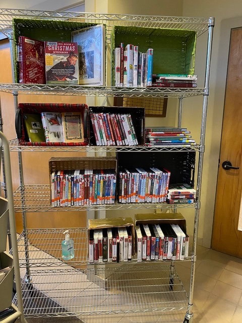 a metal shelving unit holds several shelves of dvds and books, many with holiday themed covers. a hand sanitizer bottle sits on a lower shelf.