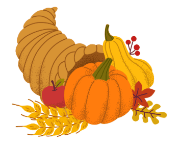 illustration of a cornucopia with a pumpkin, squash, apple, wheat, and autumn leaves.