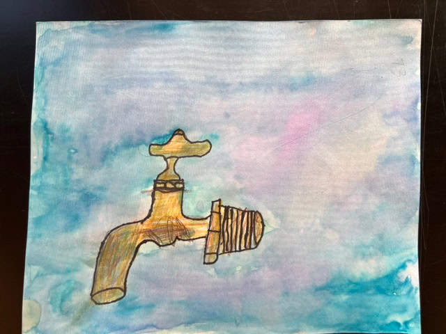 a watercolor painting of a brass faucet with a handle, set against a blue and light purple background.