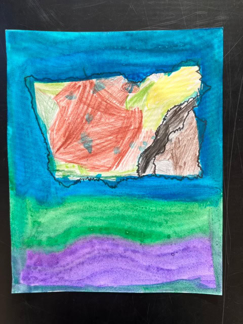 a colorful drawing of an irregular shape filled with red, yellow, brown, and green sections, bordered by blue, green, and purple bands on a black background.