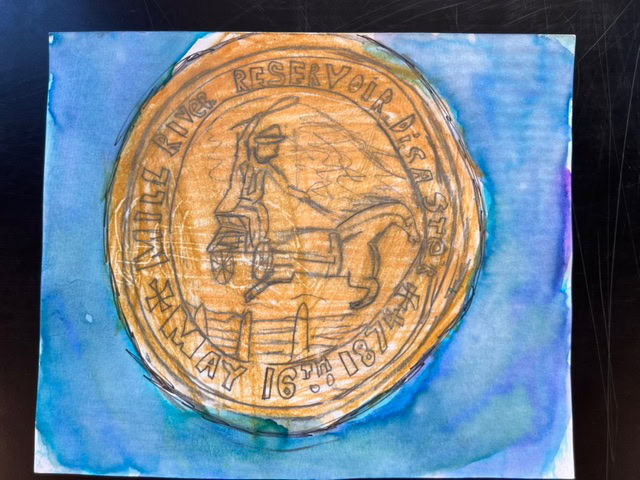 a hand drawn and colored image of a commemorative coin marking the mill river reservoir disaster, dated may 16th, 1874, with a figure riding a horse in the center.