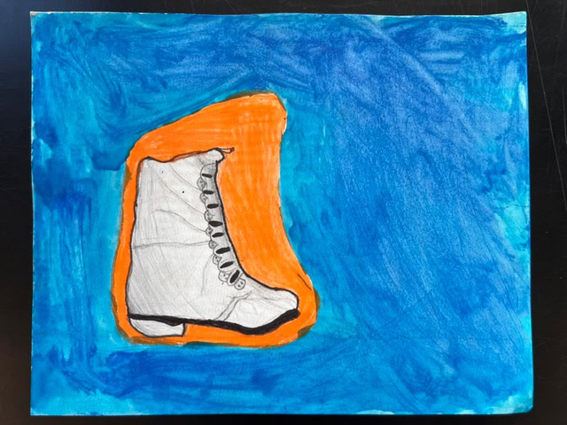 a white ice skate outlined in orange is drawn at the center on a blue background.