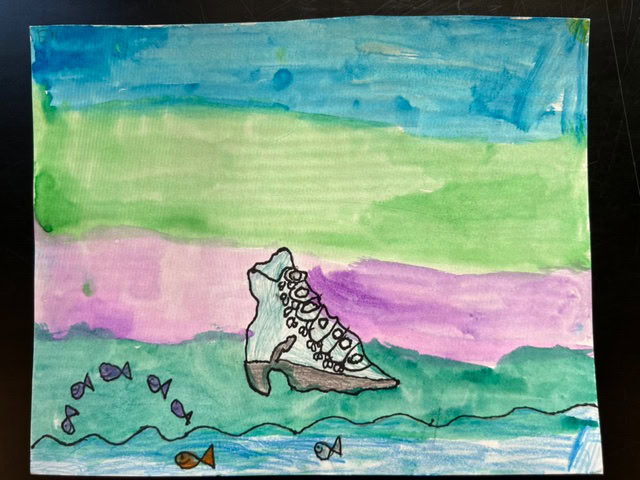 a watercolor painting of a large seashell on the ocean floor, with small fish swimming nearby and a gradient blue, green, and purple background.