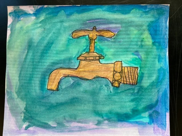 a hand painted illustration of a brass water faucet is centered on a blue and green background.