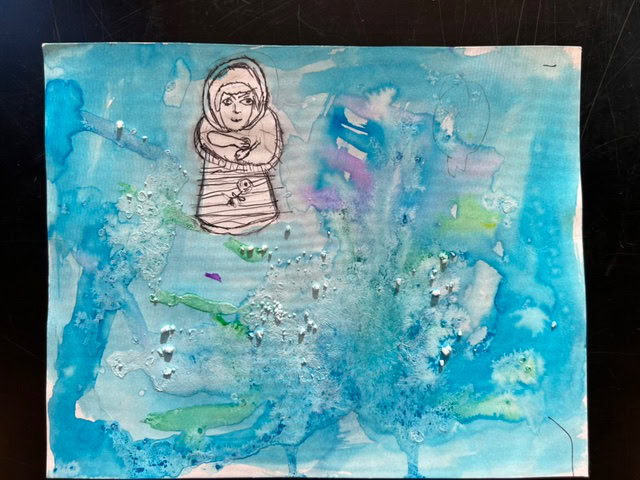 a drawing of a person in black ink on a blue, watercolor painted background with textured and slightly raised areas.