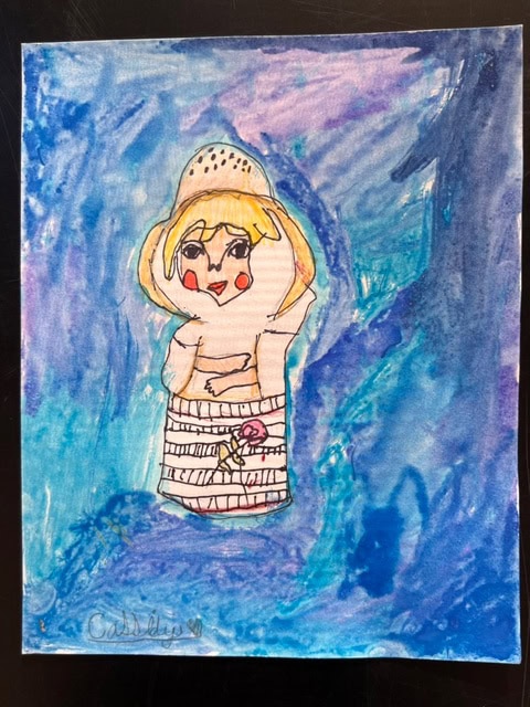 a colorful drawing of a person with blonde hair and rosy cheeks, wearing a hat and striped outfit, set against a swirling blue and purple background.