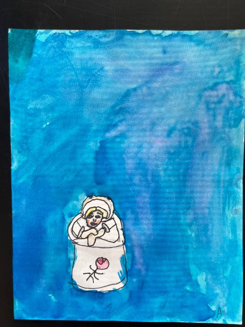 a drawing of a baby wrapped in a white blanket with a blue background. the baby has a yellowish face and a small pink design on the blanket.