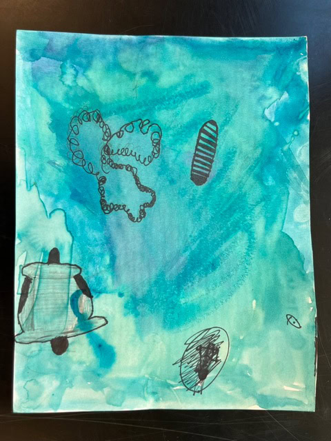a piece of abstract art featuring a blue green watercolor background with black ink doodles, including loops, lines, and irregular shapes.