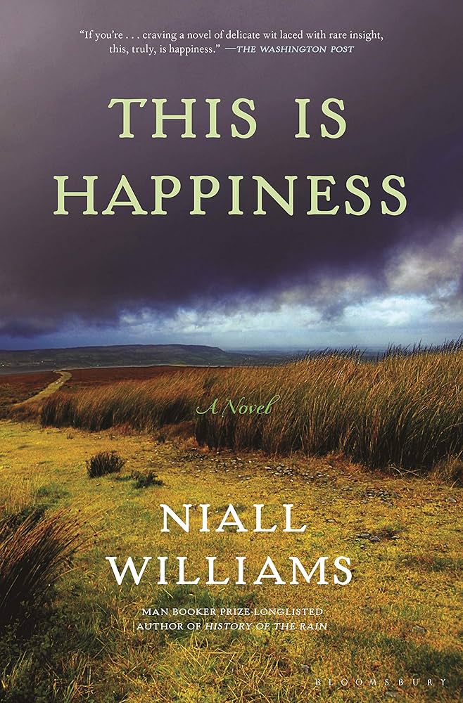 book cover of “this is happiness” by niall williams, featuring a rural landscape with grass, a winding path, and a cloudy sky. book cover of "this is happiness" by niall williams, featuring a rural landscape with grass, a winding path, and a cloudy sky.