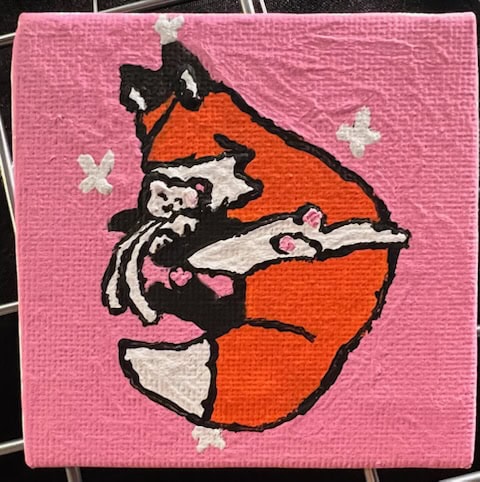 a stylized painting of an orange fox hugging a ferret with a pink background and small white star shapes.