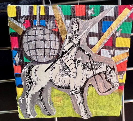 a black and white illustration of a knight on horseback is placed on a colorful, abstract background with geometric shapes and lines.