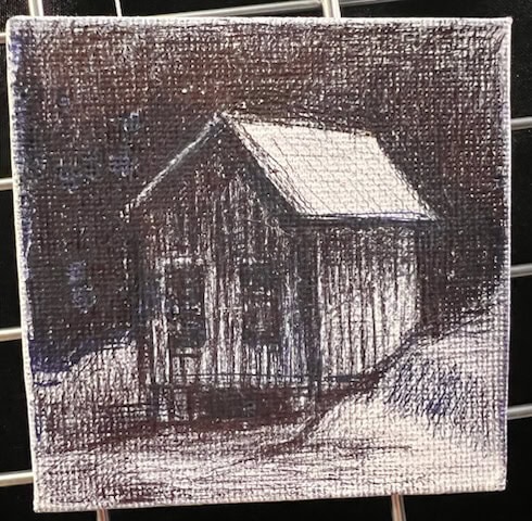 a small, dark, snow covered cabin is depicted on a textured square canvas, with a simple background and minimal color contrast.