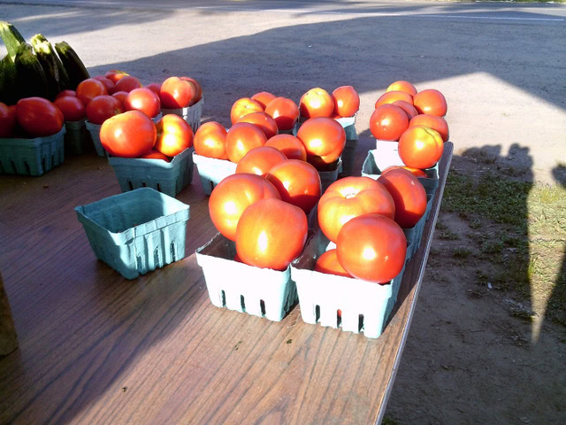several blue cartons filled with ripe red tomatoes are displayed on a wooden table at an outdoor market.
